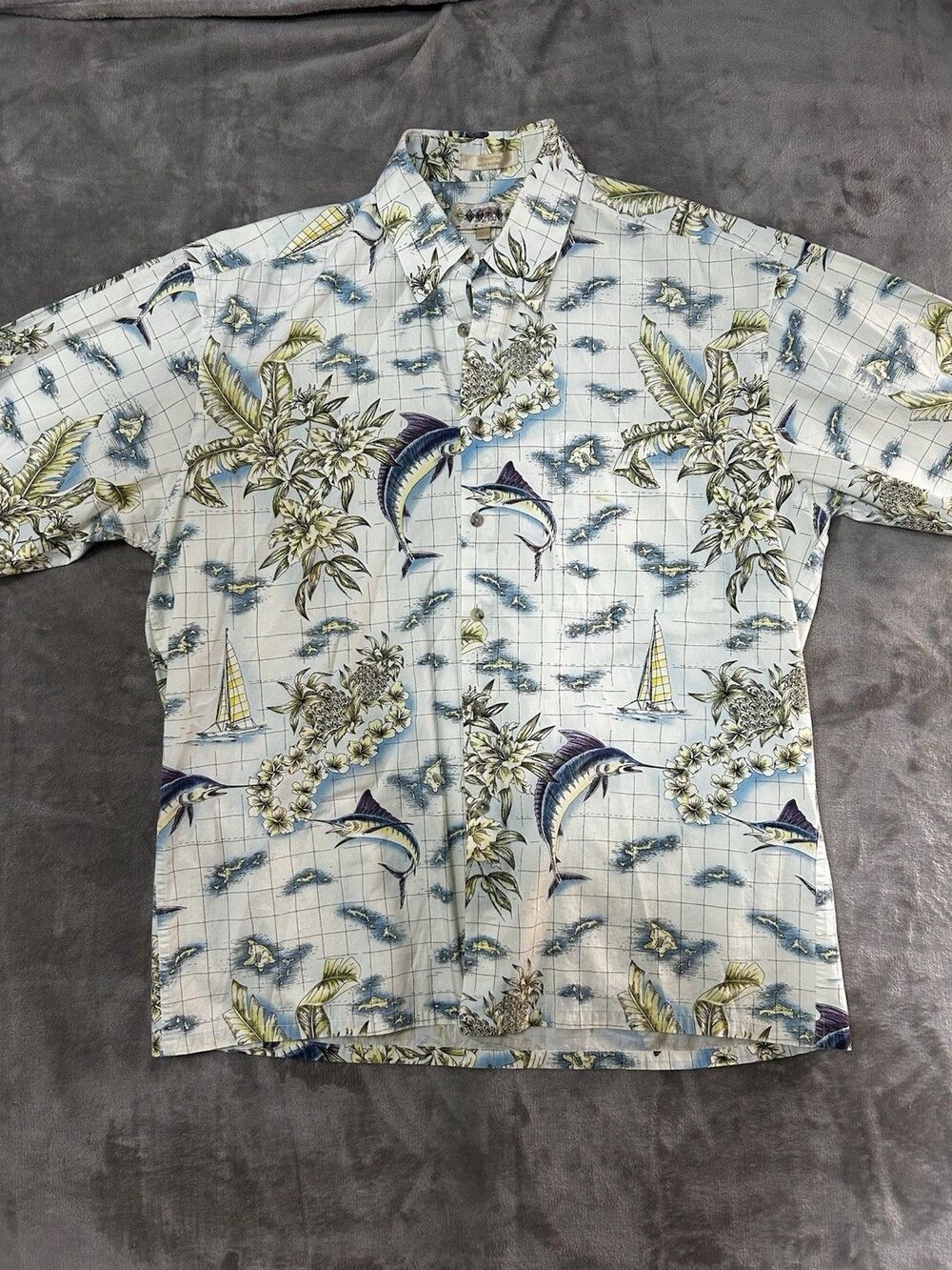 CAMPIA MODA Hawaiian Shirt Mens Large Fish Sailboat Palm Print Cotton